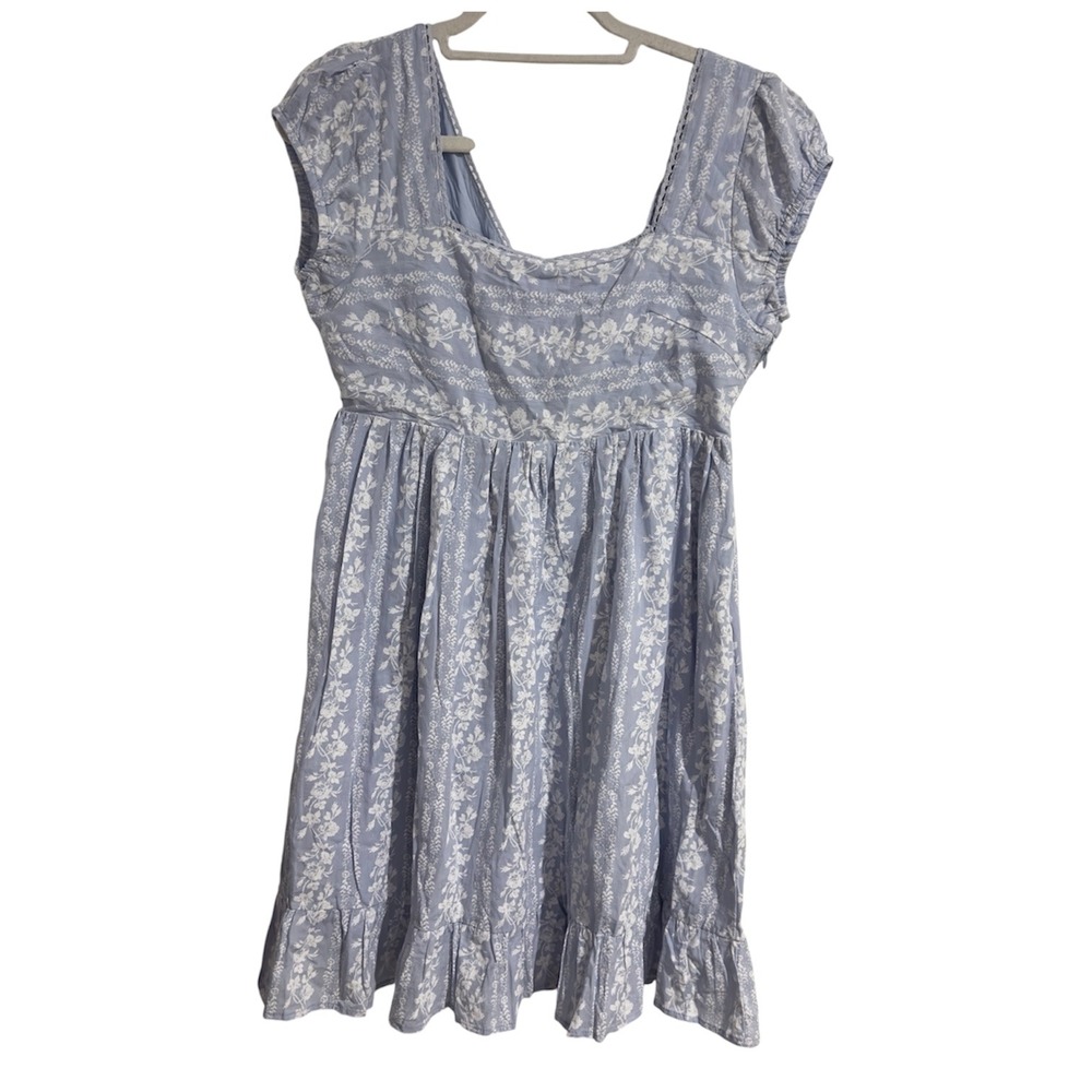 In Loom Blue Floral Lace Up Back Mini Dress ILD3629 Cotton Ruffle Hem Womens M